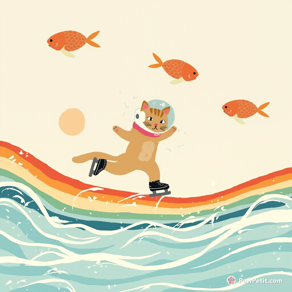 Cat ice-skating on rainbow waves, wearing an astronaut helmet, surrounded by sushi-shaped fish