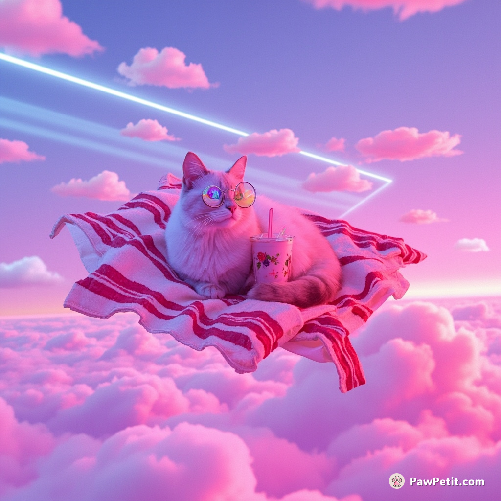 A bright pink Siamese cat sipping bubble tea on a flying unicorn rug, over a sea of wavy bacon strips under a periwinkle sky with cotton candy clouds.