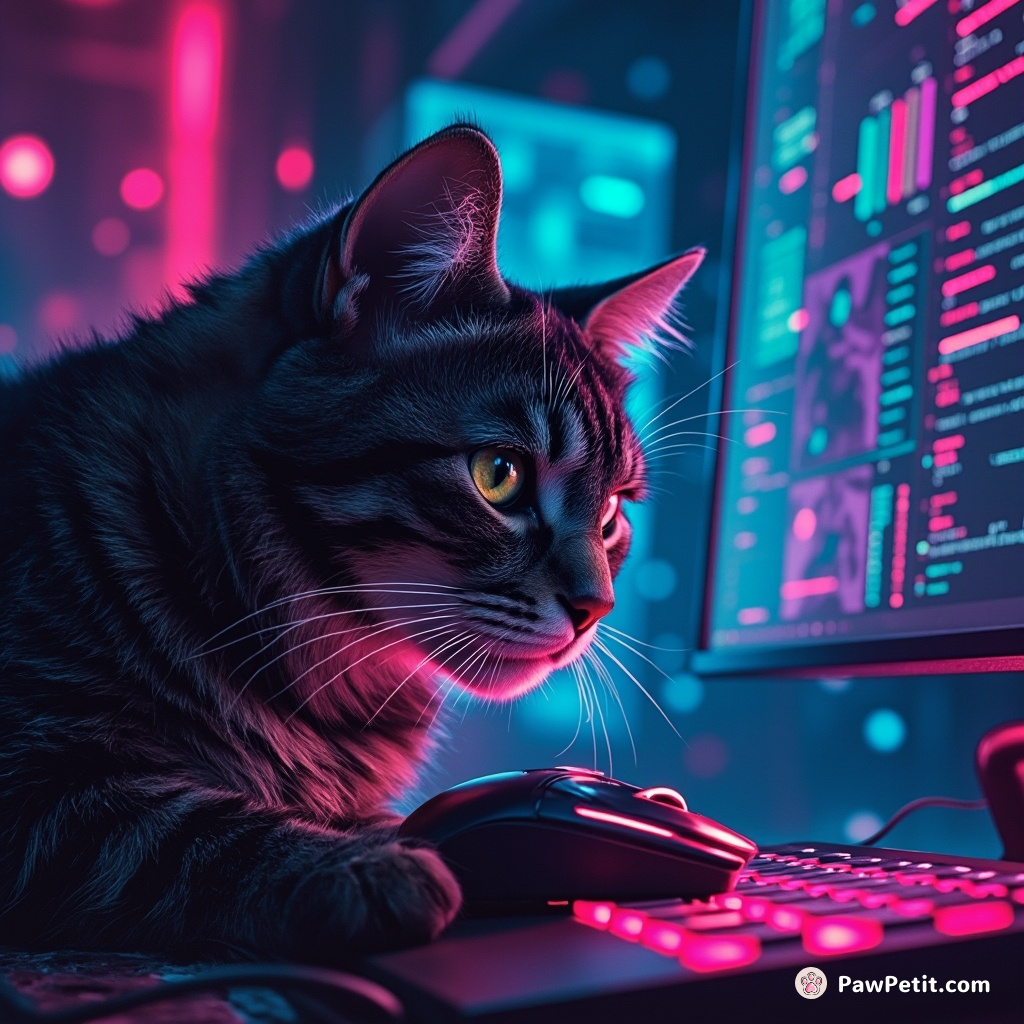 Cyberpunk cat coding a digital mouse in neon-lit futuristic desktop.