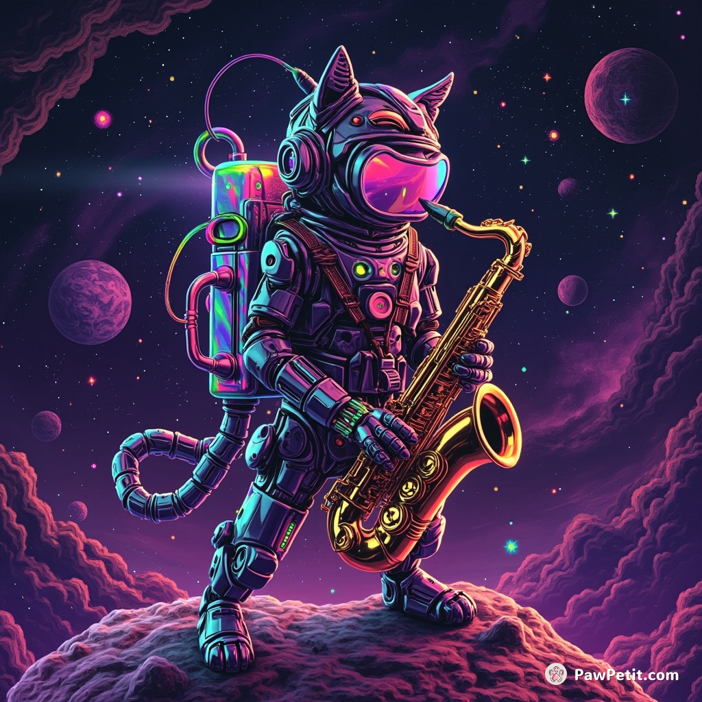 Cybernetic cat powered by a rainbow quantum computer, playing electric tunes on a cheese saxophone atop a floating rosetta stone in immense galaxies.