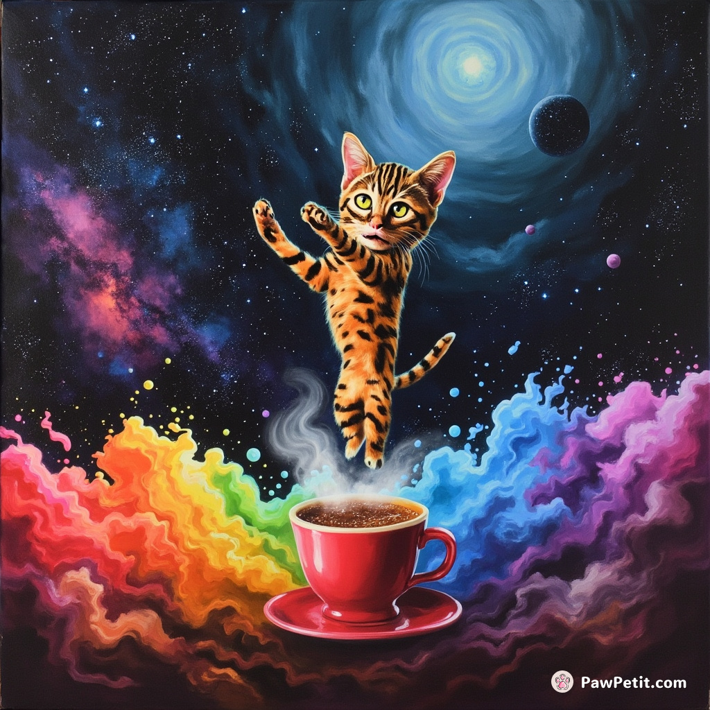 A neon tiger-striped cat doing a handstand on a plume of rainbow-steaming espresso in a zero-gravity galaxy café.
