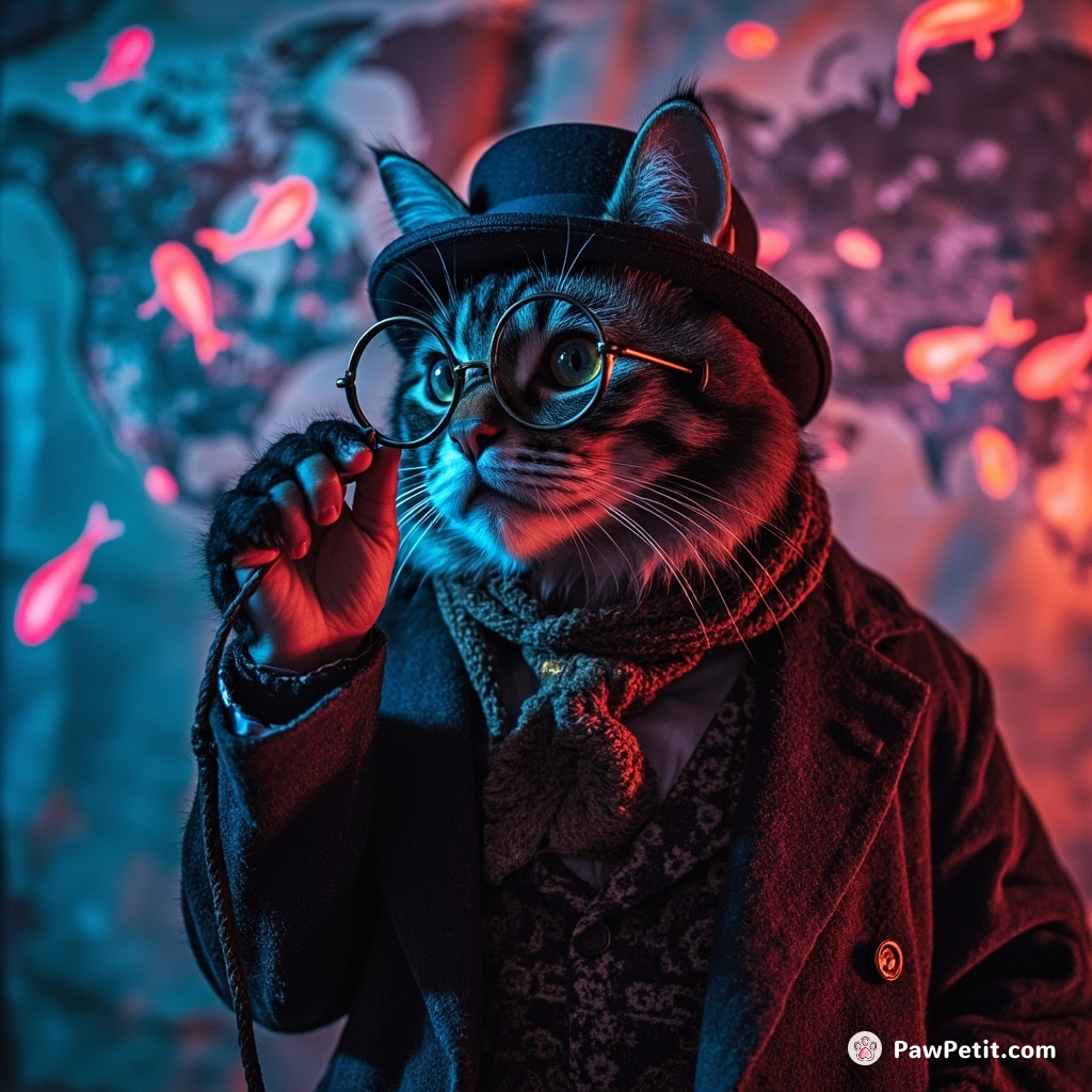 A Victorian-style globetrotting cat using a monocle to inspect a nostalgic world map under the iridescent light of floating neon fish.