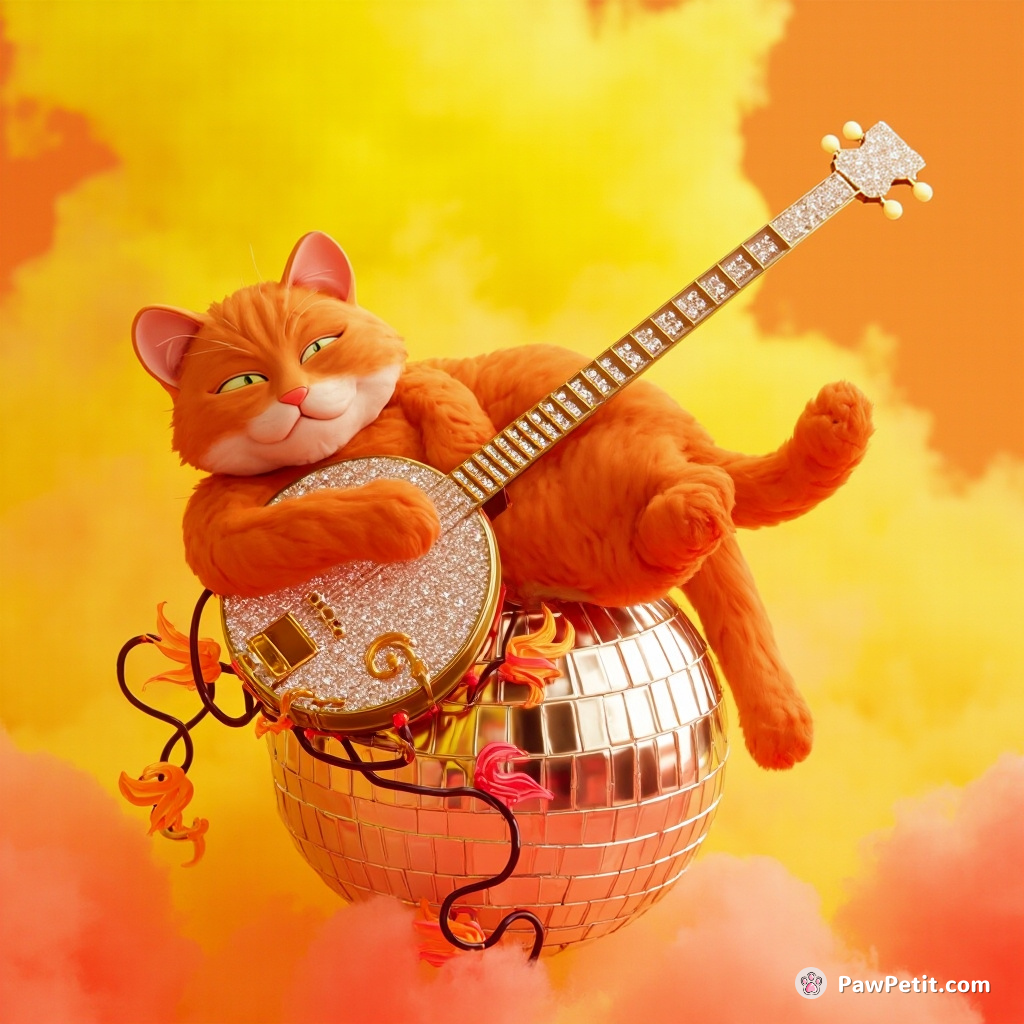 A neon orange cat reclining atop a shimmering disco ball floating in a bright yellow fog, playing a diamond-encrusted banjo with flaming ivy vines weaving around it.