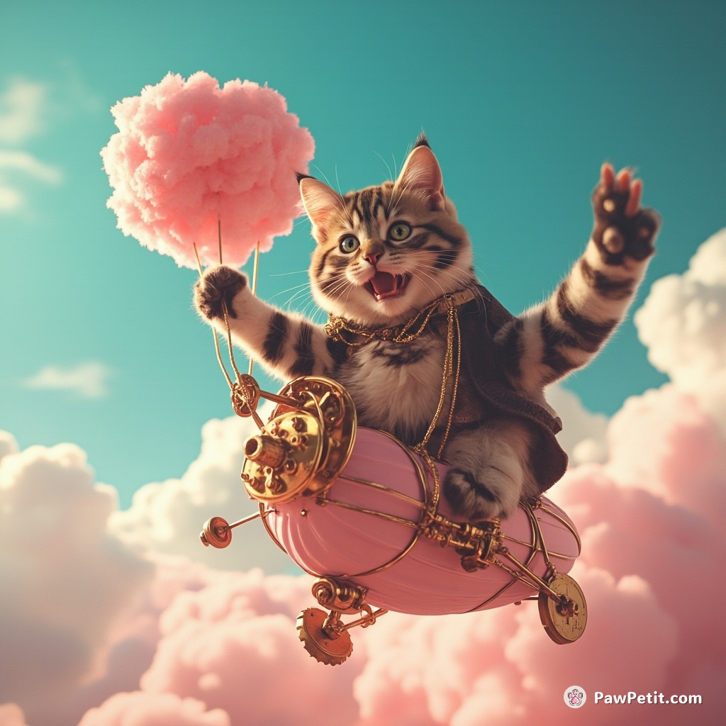 A steampunk cat gleefully flying a tiny pink zeppelin through a candyfloss cloud in an electric blue sky.