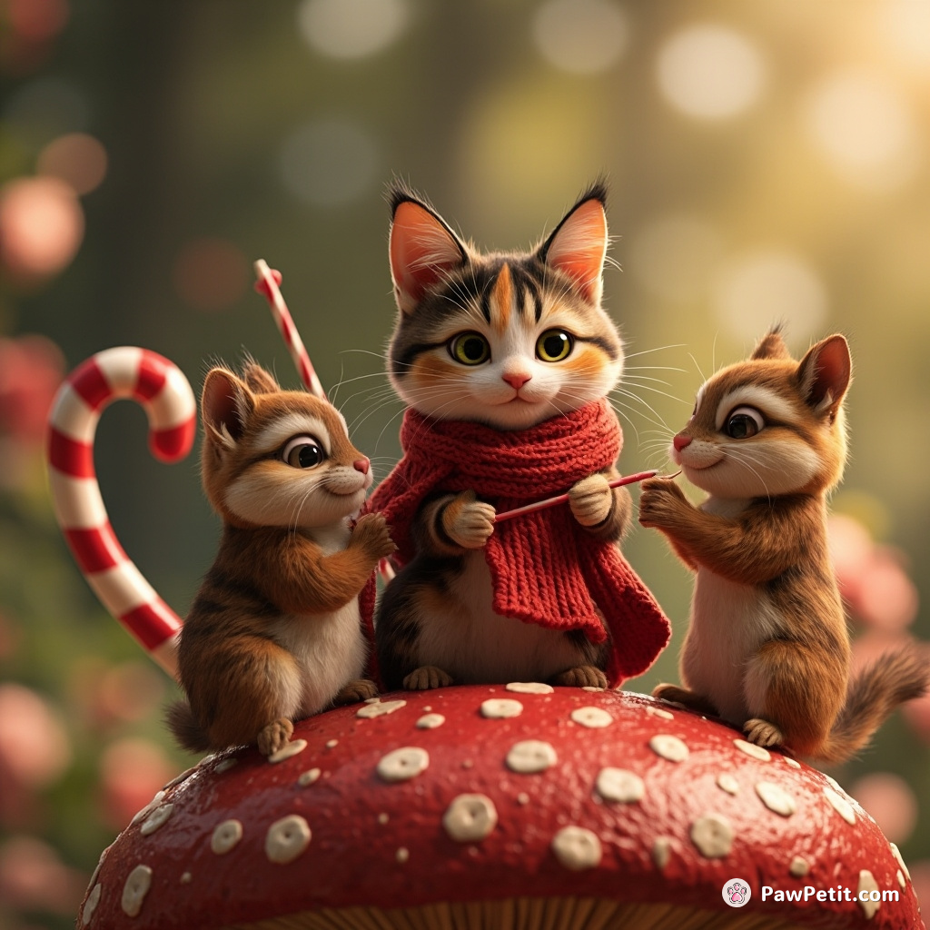 A calico cat teaching a crowd of chipmunks how to knit oversized scarves with candy cane needles on a giant mushroom.