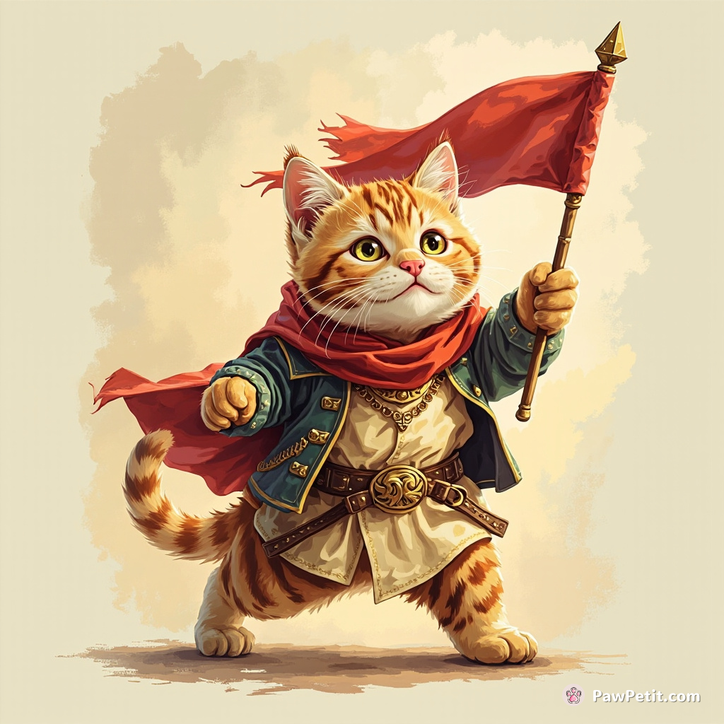 The cat confidently struts, waving a tiny flag, proclaiming itself the ultimate champion of all tasks.