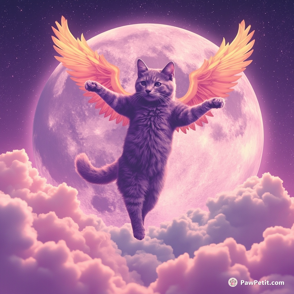 A purple cat with phoenix wings gracefully performing ballet on a floating cheese moon under a cotton candy sky.