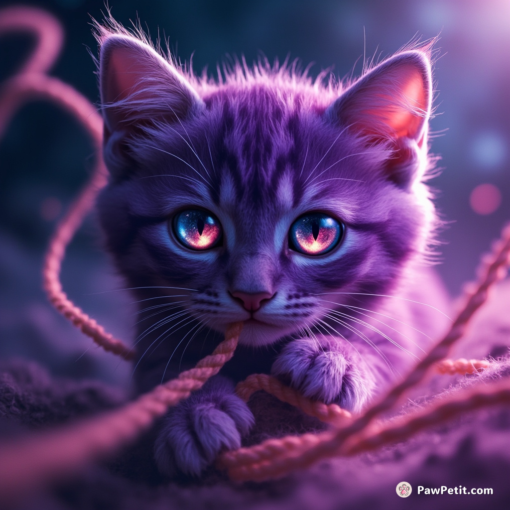 A neon-purple cat, with a galaxy in its eyes, pouncing on reality-warping yarn in zero gravity space.