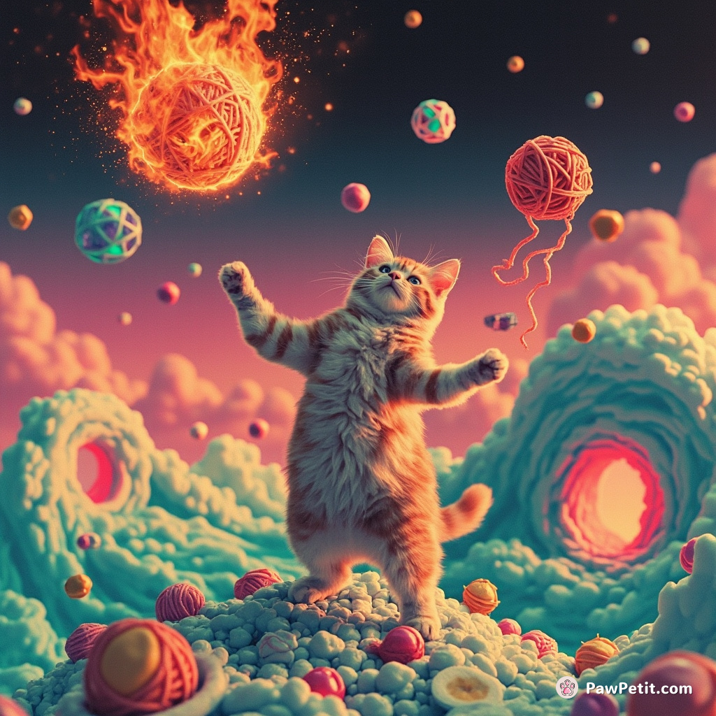 Cat juggling a flaming yarn ball and two geometrical portals atop a wave made of desserts.