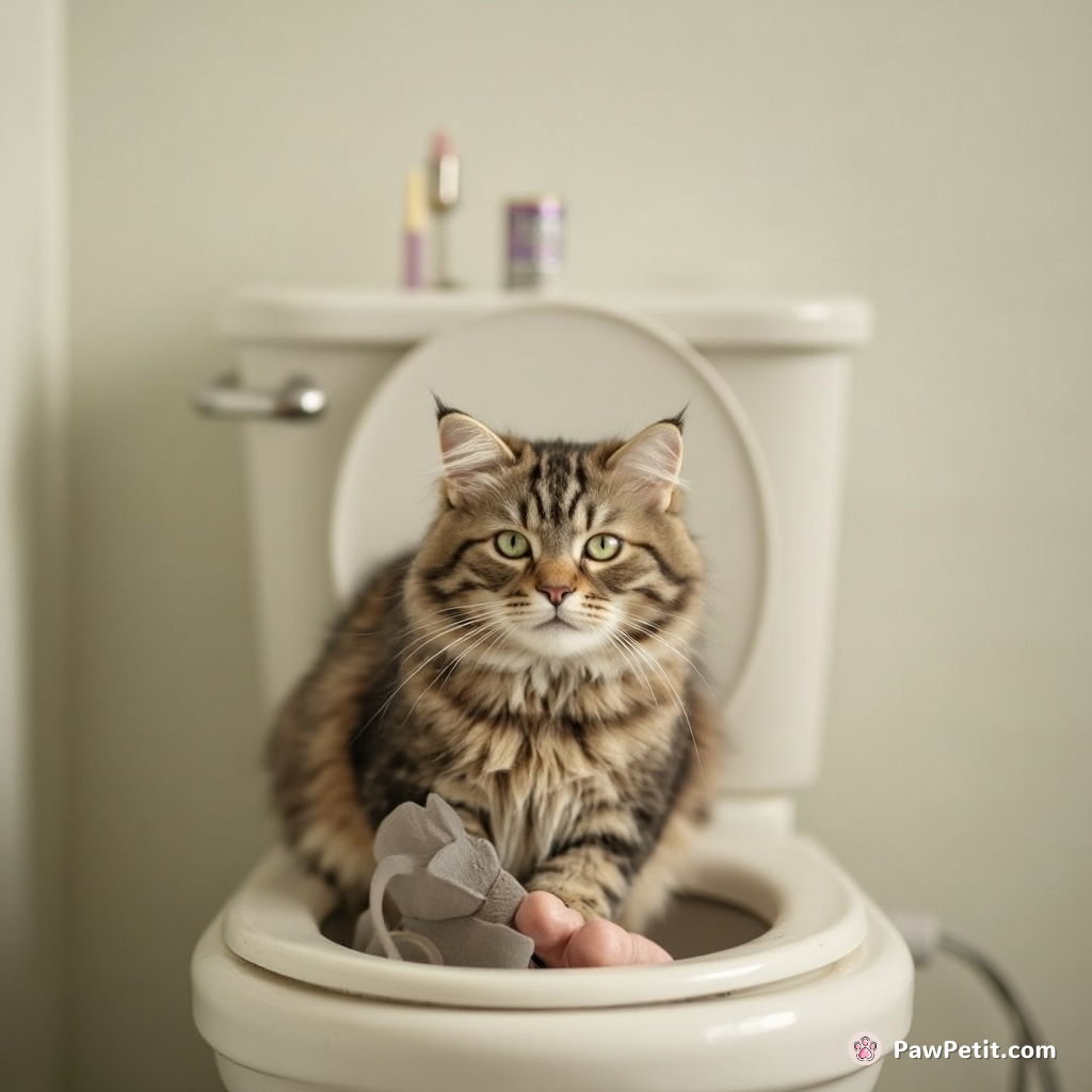Cat, mystified by humans sitting daily on porcelain throne, proudly 'flushes' toy mouse after minutes of can-opening observation.