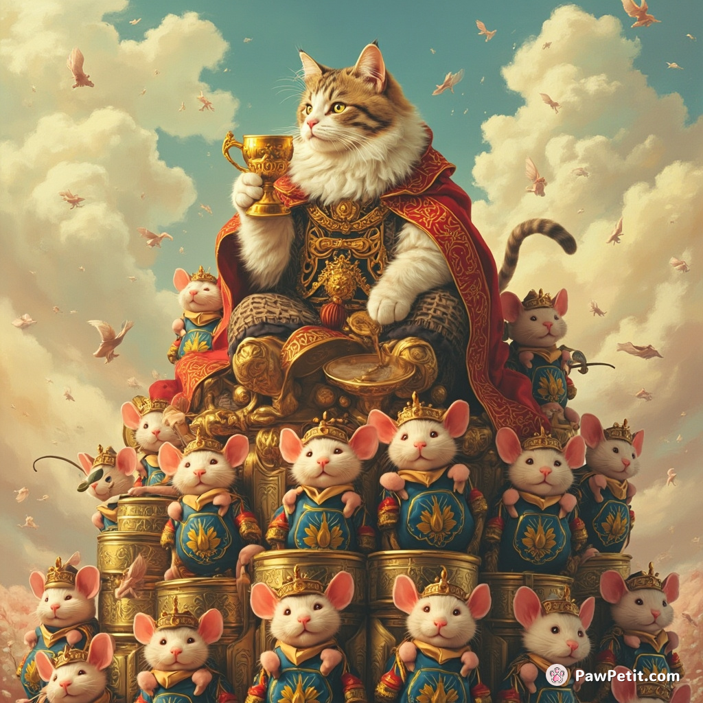 An aristocratic cat sipping tea out of a golden goblet atop a colossal stack of tuna cans, surrounded by singing mice-dressed-in-armor.