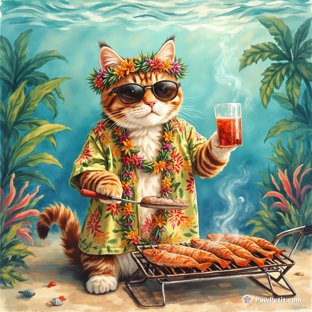 Cat hosting a tropical luau and grilling fish on an underwater barbeque.