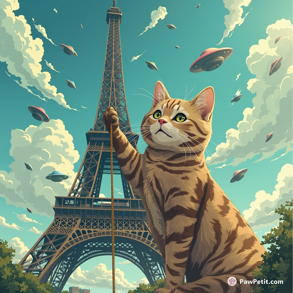 A gigantic tabby cat using the Eiffel Tower as a scratching post, upsetting UFOs hovering around.