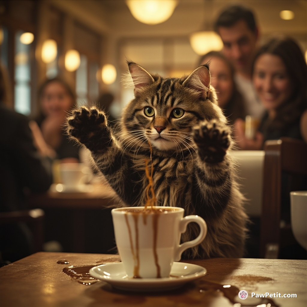 Cat tries to blend in, hilariously attempts to hold a cup with paws, spills coffee on every guest.