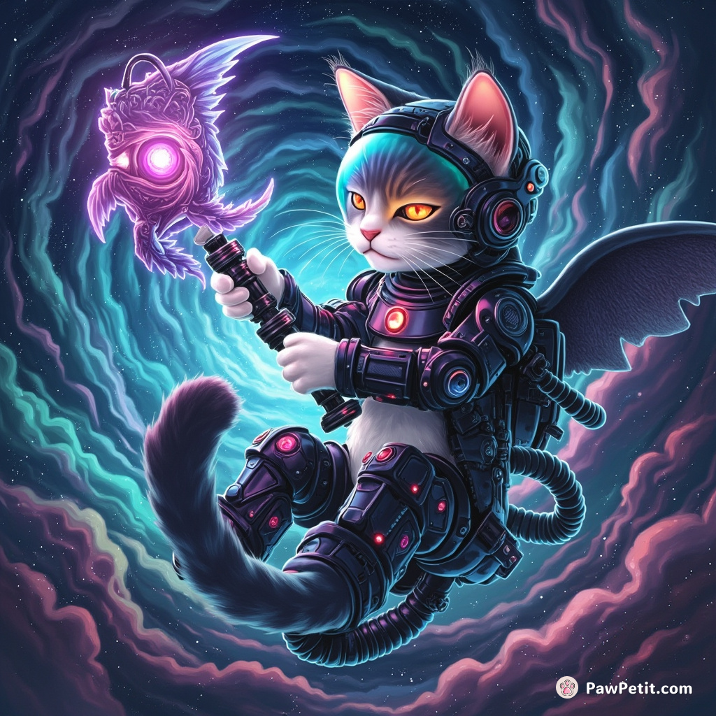 Cybernetic space-cat repairing interdimensional robot fish within a swirling nebula.