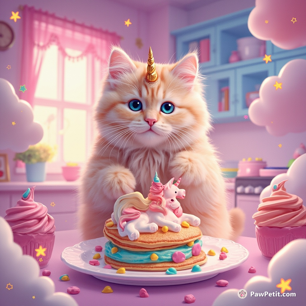 A cat flipping multicoloured unicorn-shaped pancakes in a levitating pastel dream kitchen.