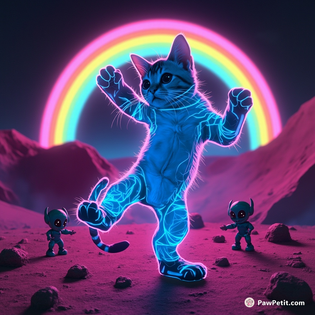 A neon blue cat breakdancing under a rainbow on Mars, with tiny aliens cheering it on.