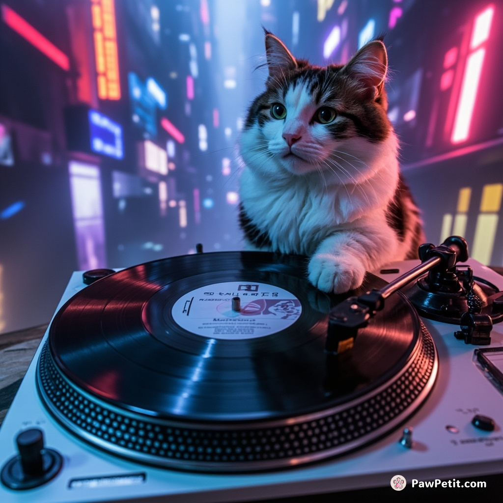 A chunky calico cat spinning vinyl records on a floating turntable in an underwater neon city.