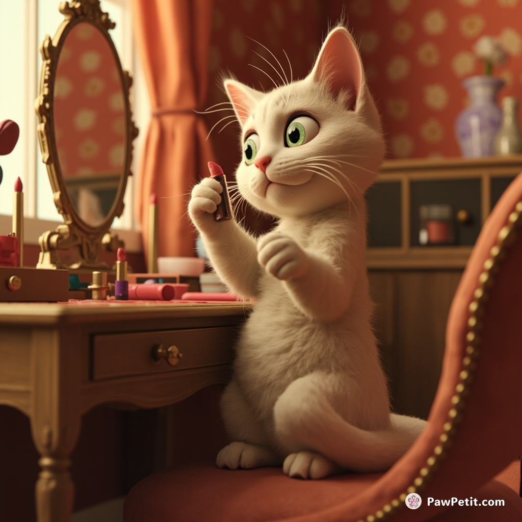 Cat sitting at a Victorian-style dressing table applying red lipstick using its tail.