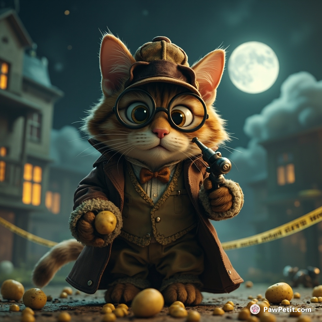 A Victorian-era detective cat examining a crime scene, which happens to be the moon's Luna City, with its Sherlock Holmes-inspired wardrobe and equipment containing microscopic alien potato evidence.