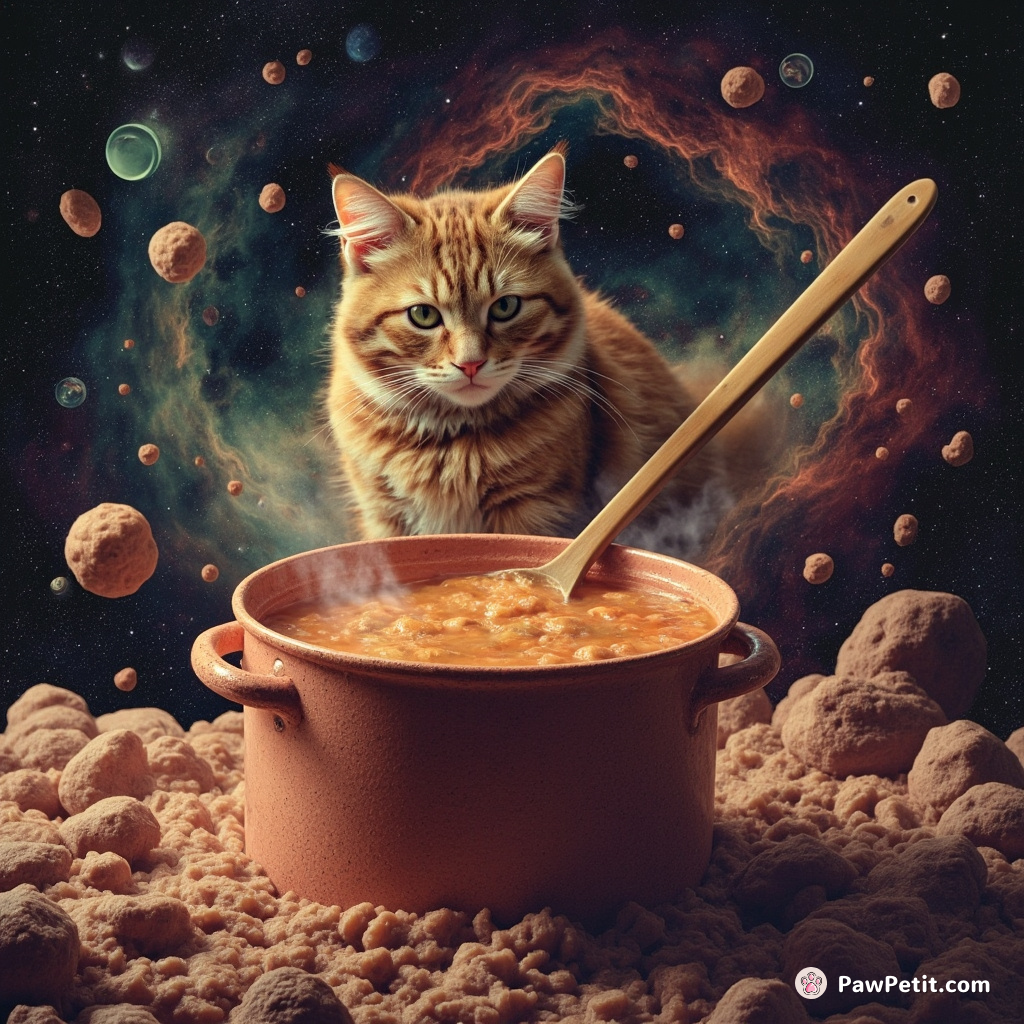 A ginger tabby cat gently stirring a galaxy-sized pot of ambiguous cosmic soup with an equally gigantic wooden spoon.