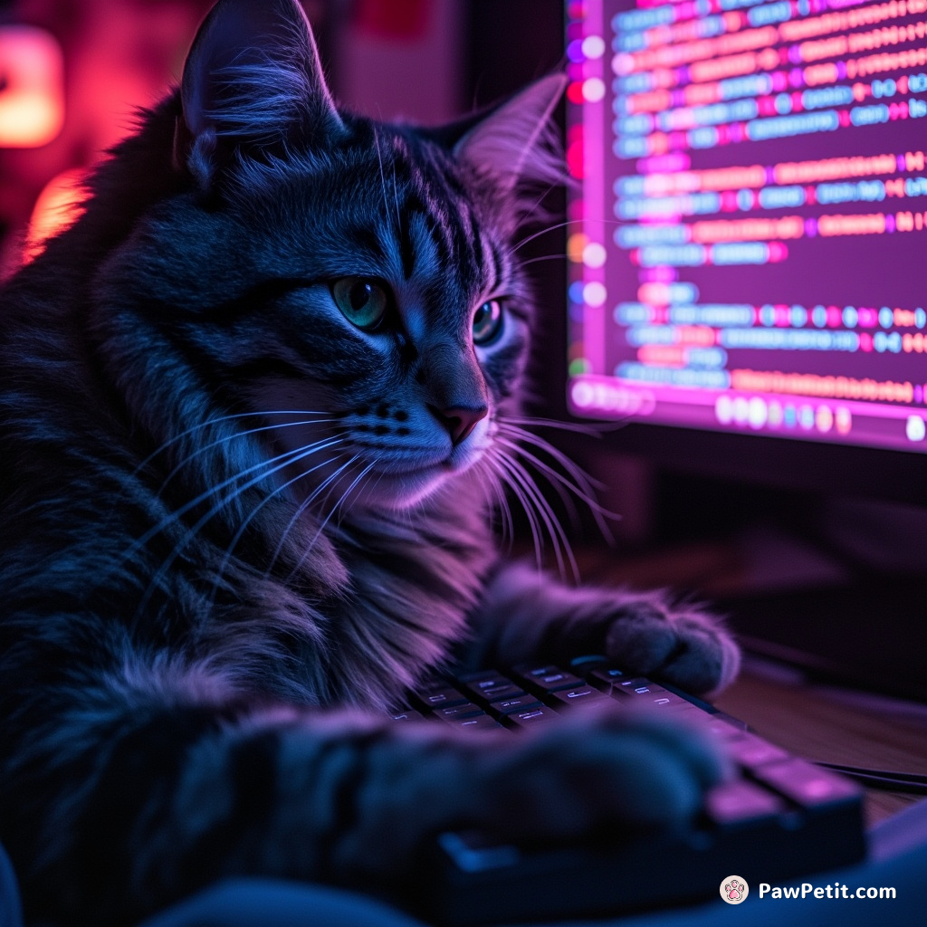 The cat meticulously taps at a computer keyboard, attempting to write a novel superior to any existing human literature.