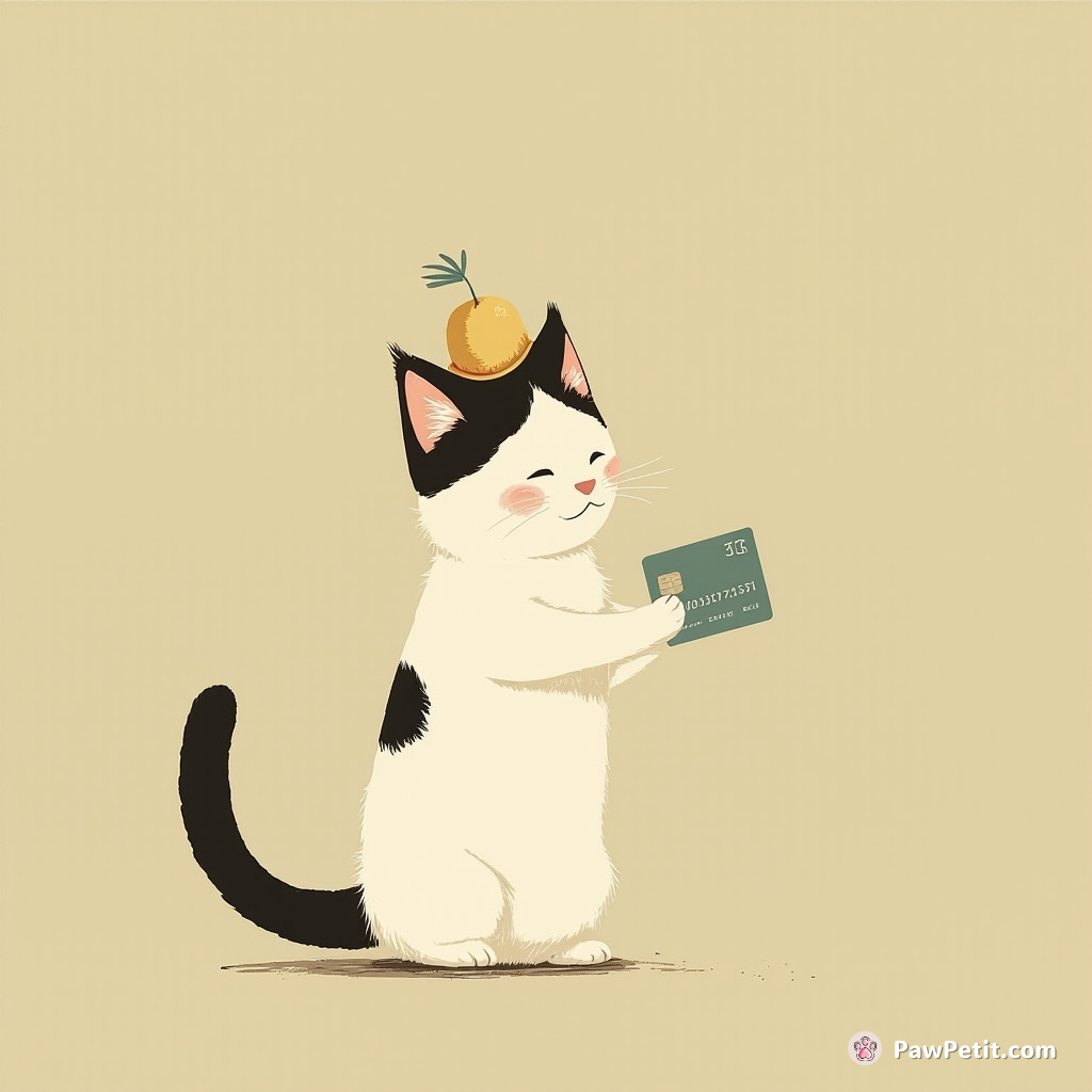 The cat dons a tiny hat, attempts to pay for catnip with a credit card, swipes tail instead.