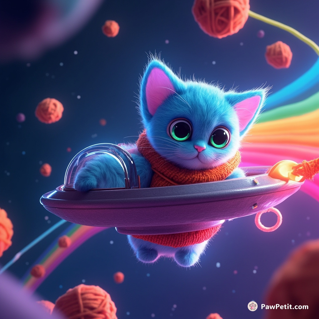 A neon-blue space cat controlling a UFO powered by yarn balls in a rainbow-streaked galaxy.