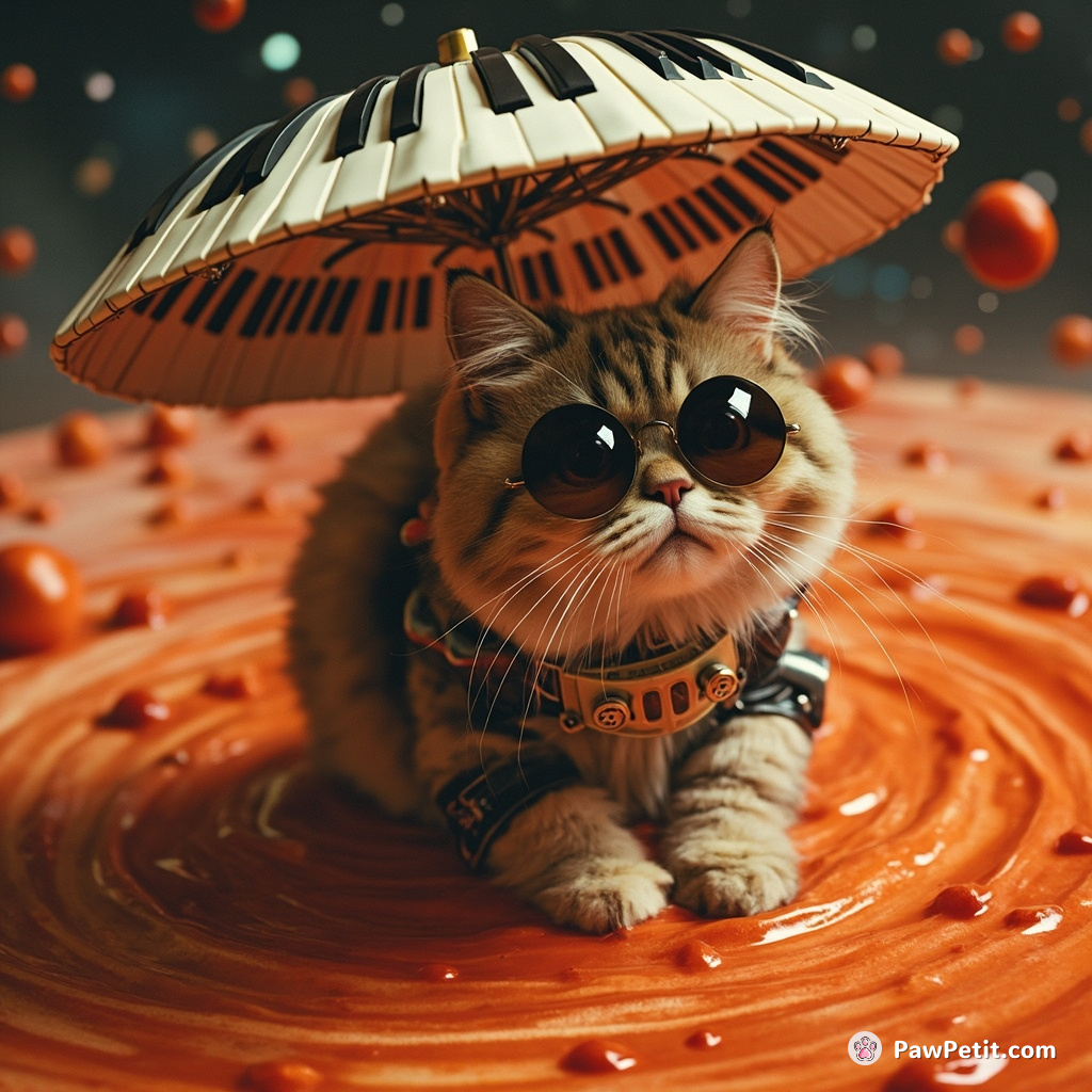 Cyborg cat flying through interstellar tomato soup with an umbrella made of piano keys.
