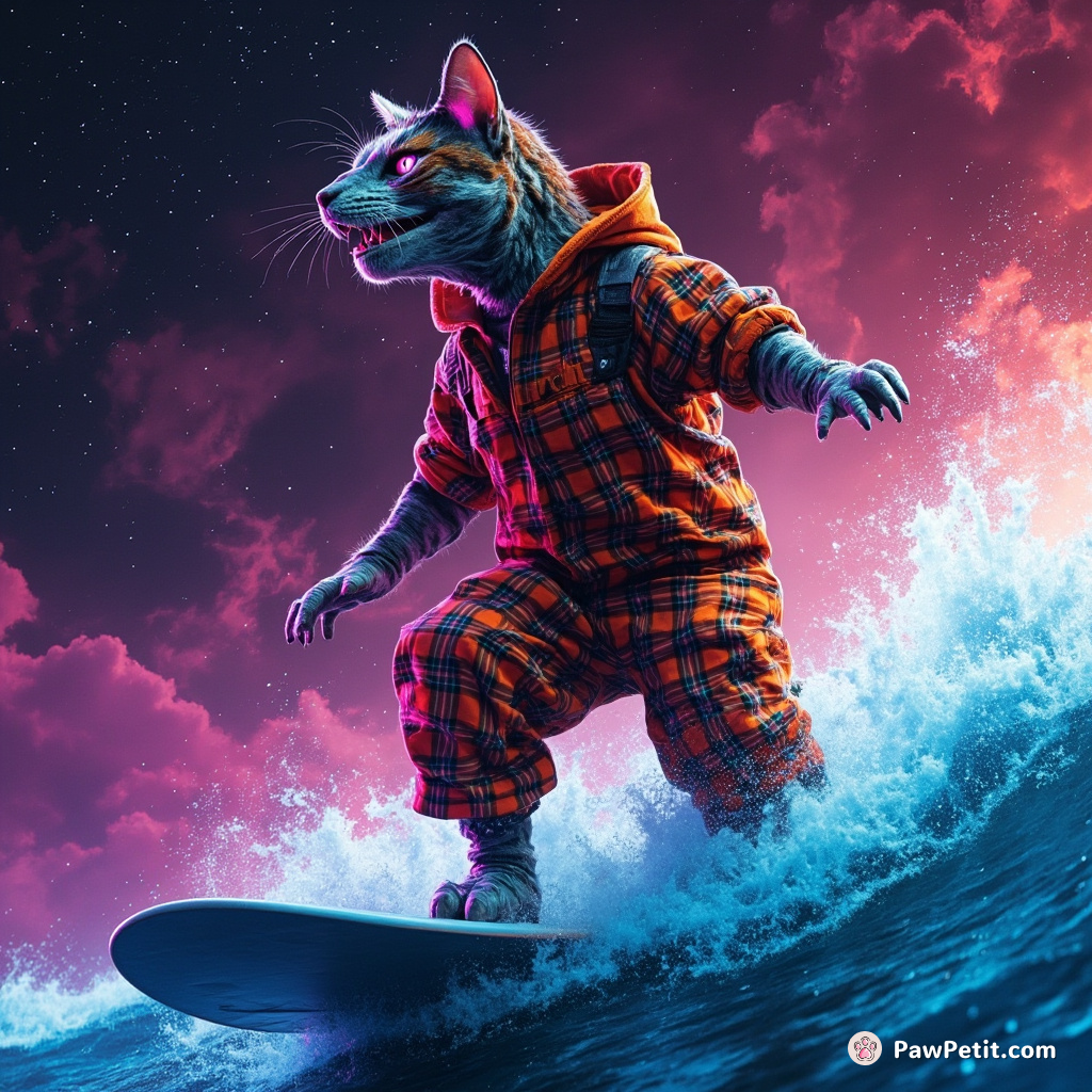 A velociraptor-cat hybrid, surfing on a wave made of outer-space nebulae, wearing orange plaid overalls.