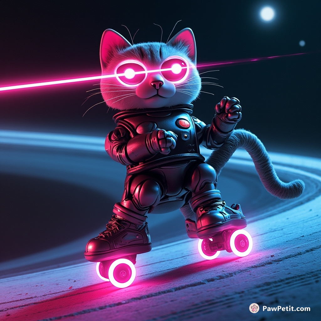 Giant robotic cat with lasers for eyes roller skating on Saturn's rings.
