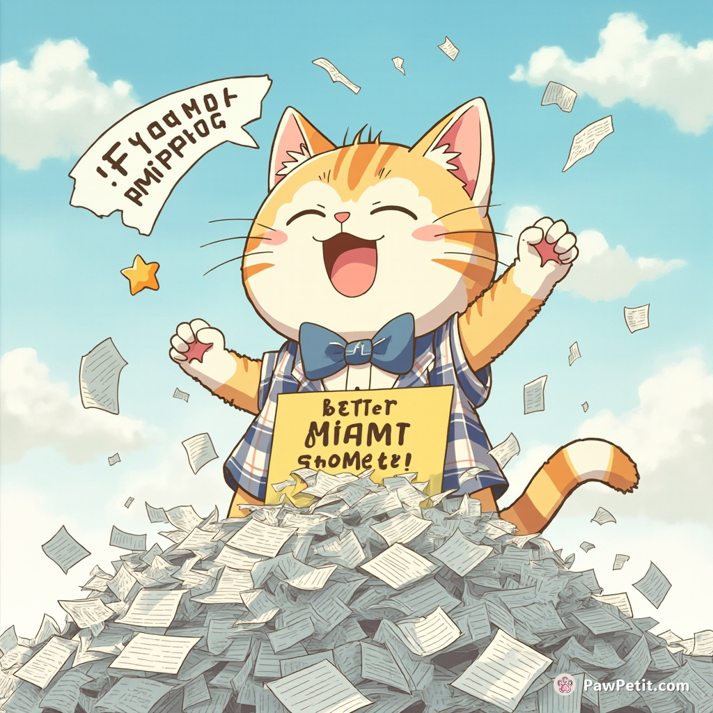 Cat bizarrely enters CEO race, promising better napping strategies. Launches first campaign atop paperwork mountain, effortlessly shredding documents.