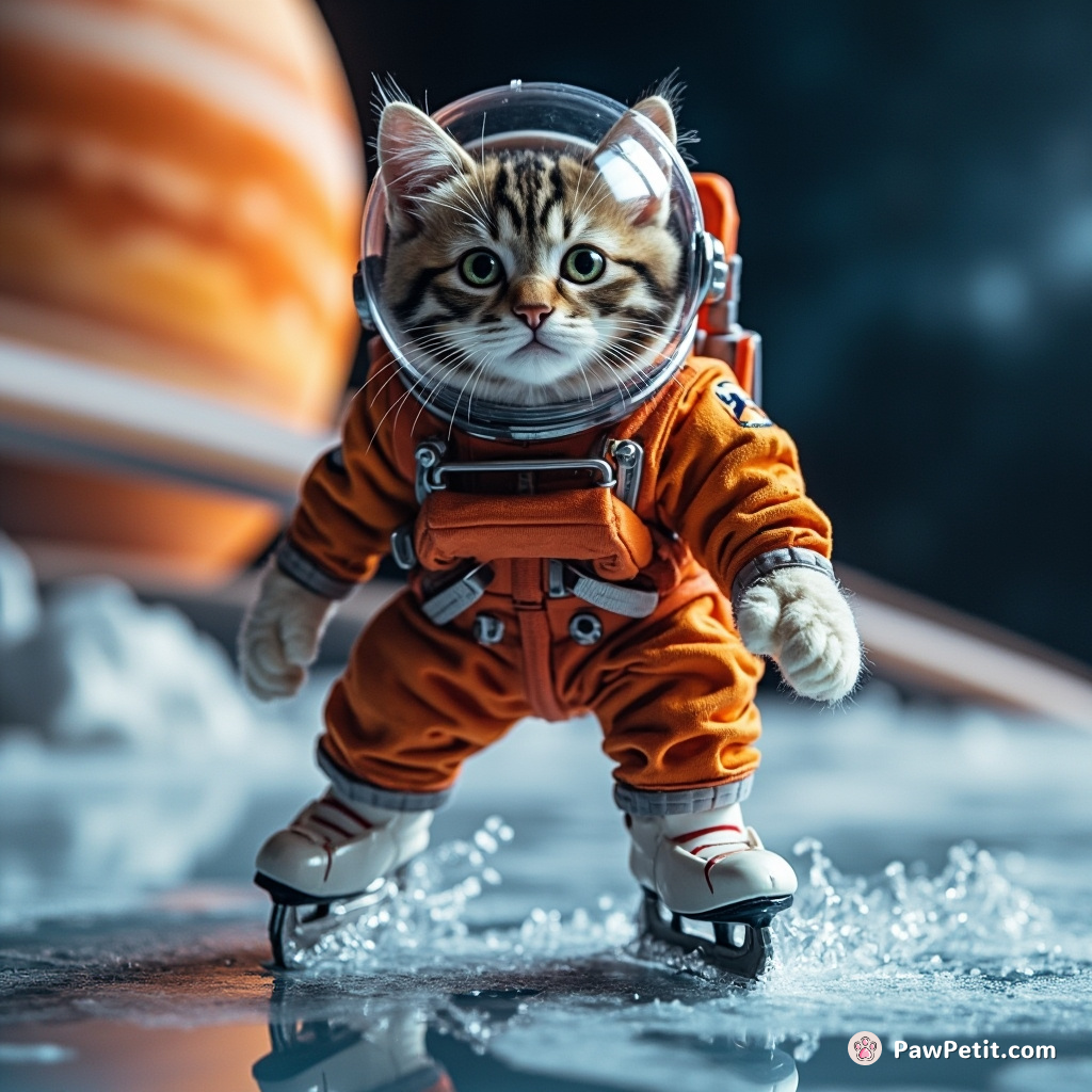 A space-faring cat in a vibrant astronaut suit, ice-skating on Jupiter’s rings.