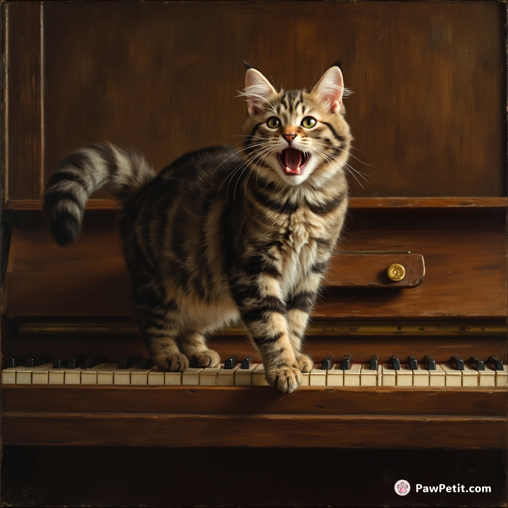 The cat struts across a piano, belting opera, convinced it can outperform any human musician.