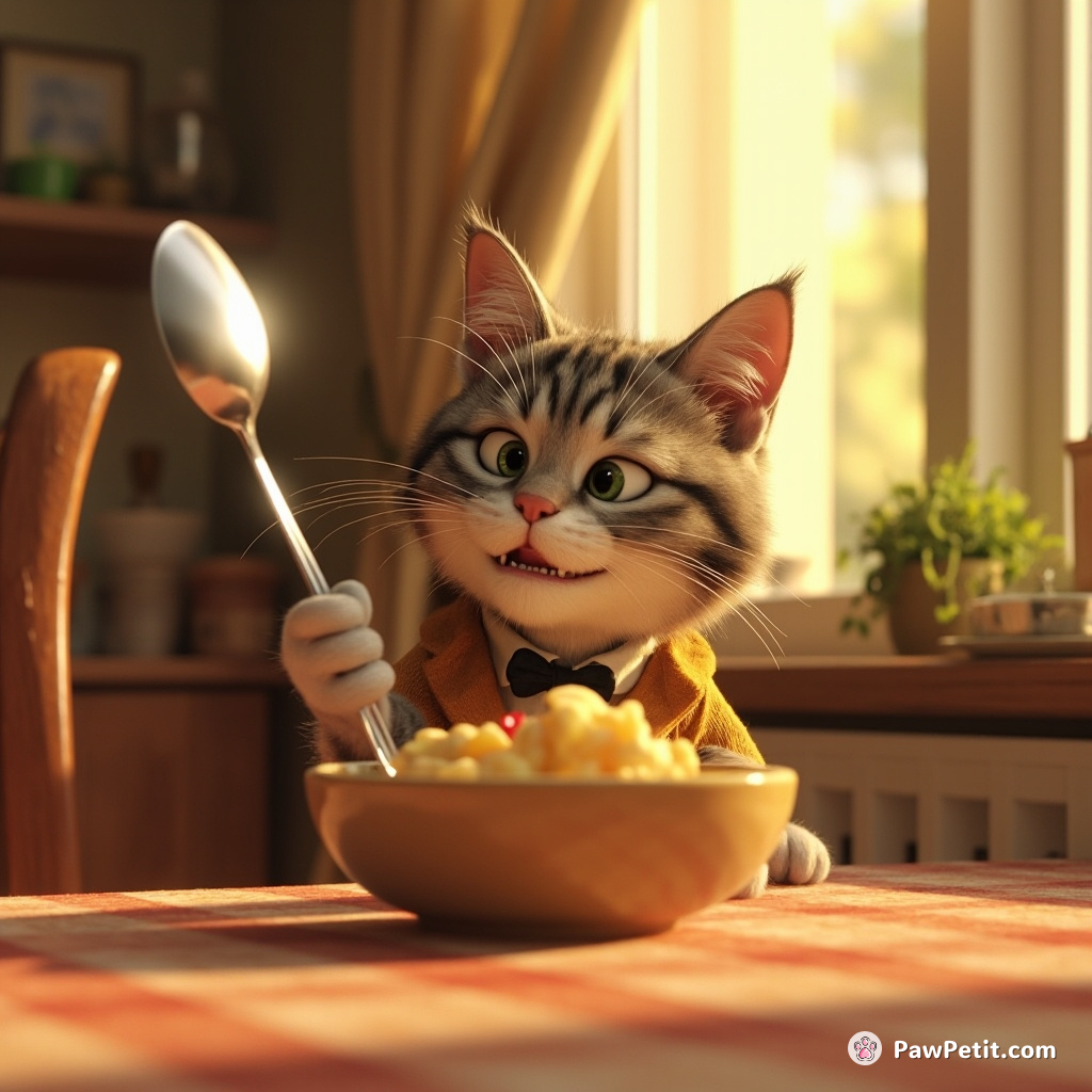 The cat, perched primly at the table, clumsily attempts to hold a spoon as she aims for her bowl.
