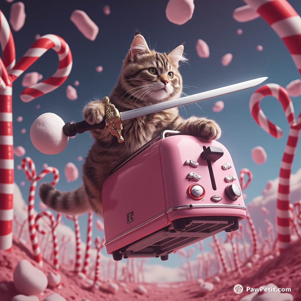 A cat riding a flying toaster through a candy cane forest, jousting with a marshmallow sword.