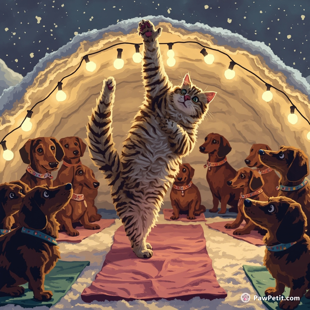 A feline yoga instructor demonstrating upward cat pose to a class of entranced daschunds, inside intimately lit igloos.