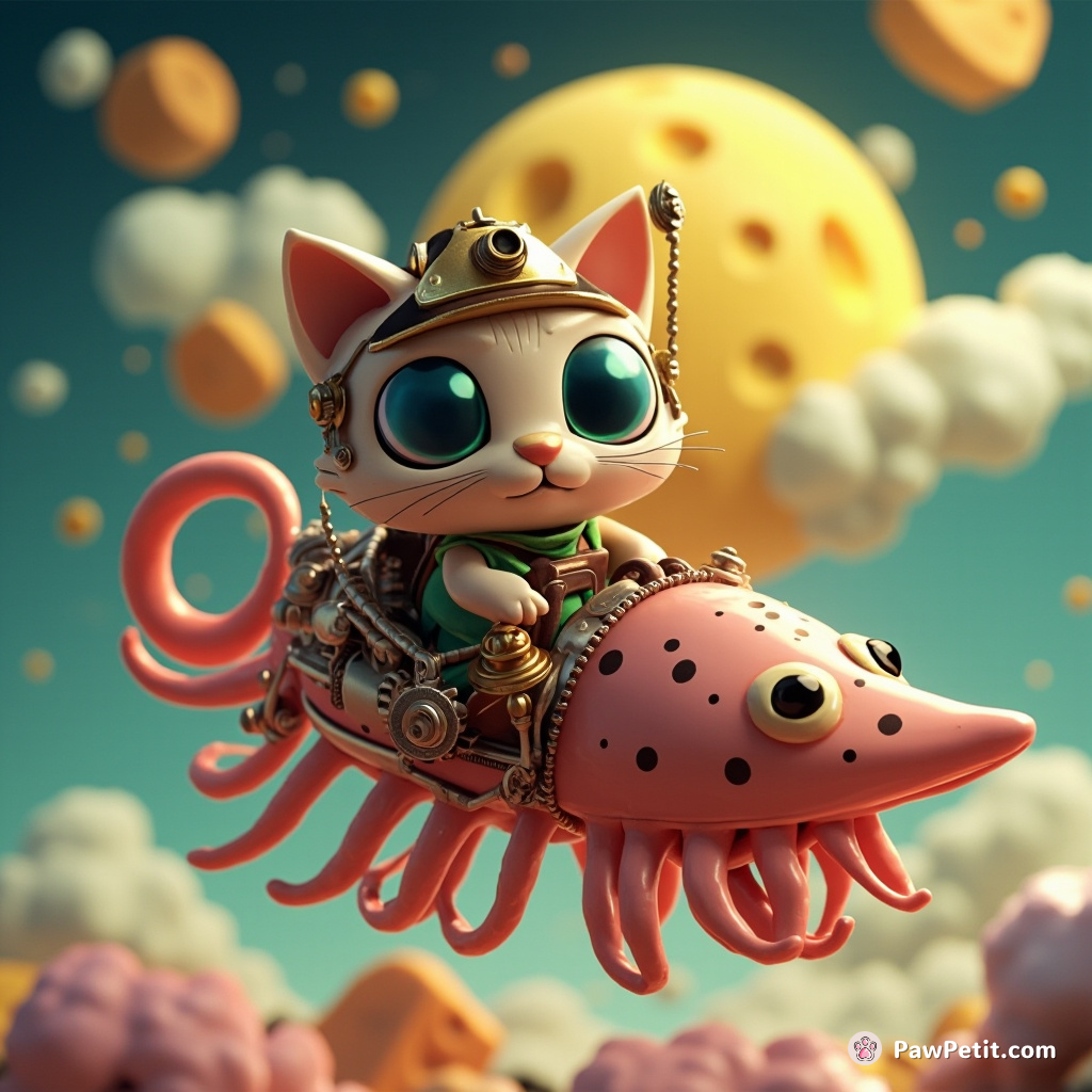 A steampunk cat riding a mechanical squid under a cheese moon.