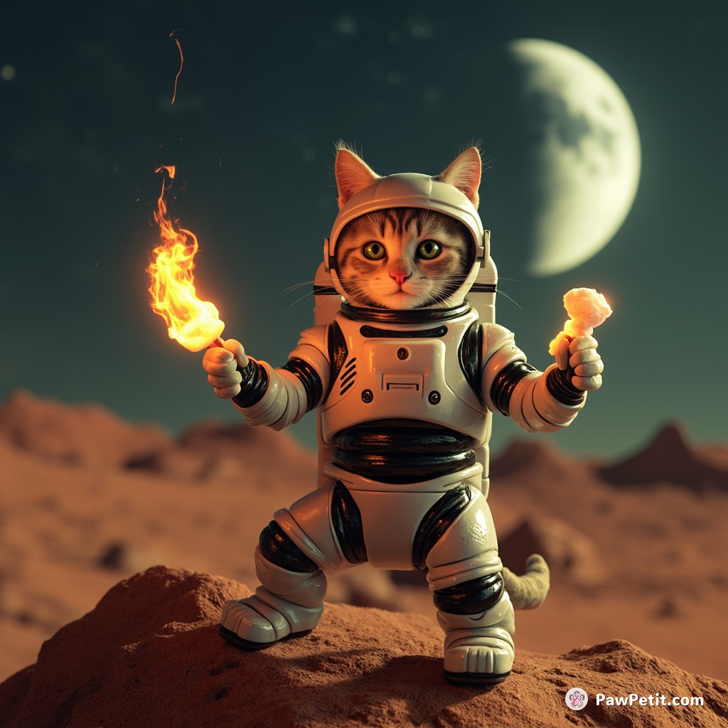 Cyborg cat juggling flaming marshmallows under a crescent moon on Mars.