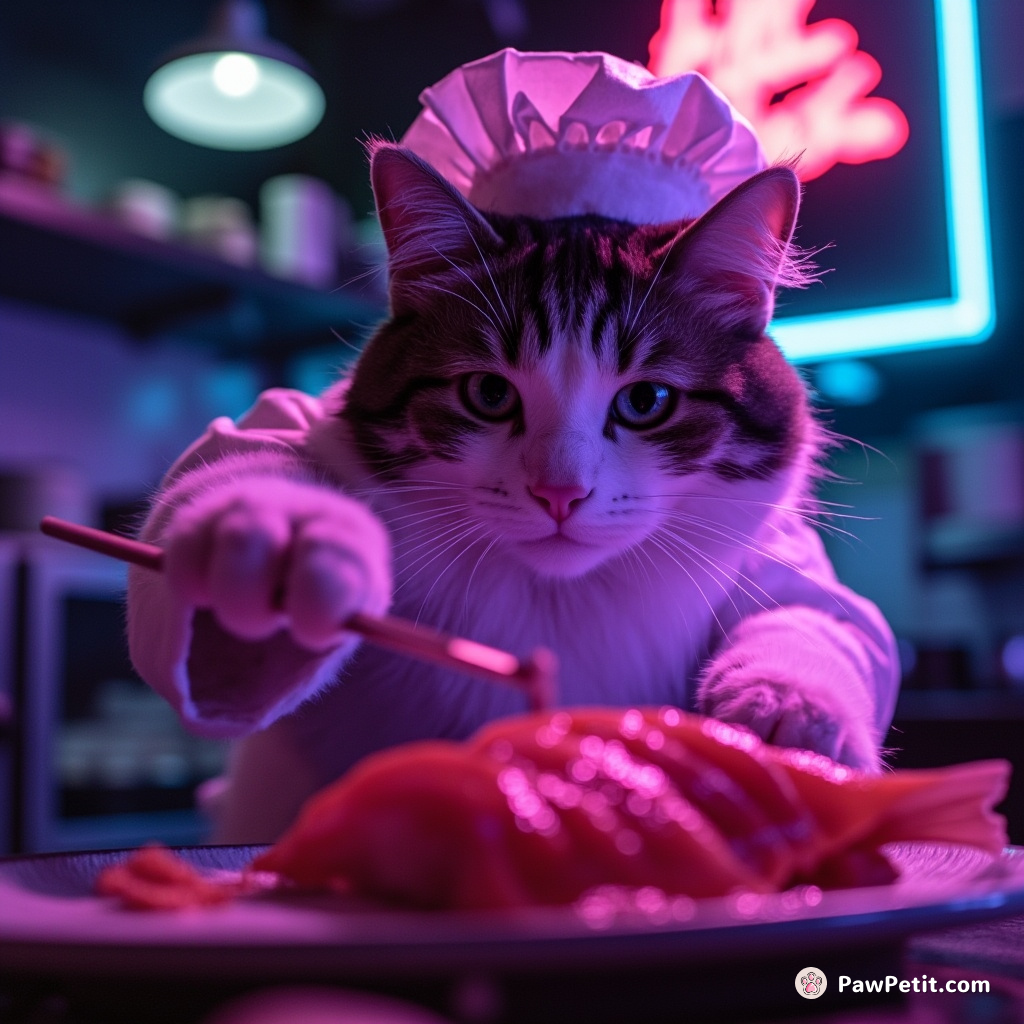 Neon-glowing sushi chef cat preparing cosmic tuna in a vaporwave kitchen.