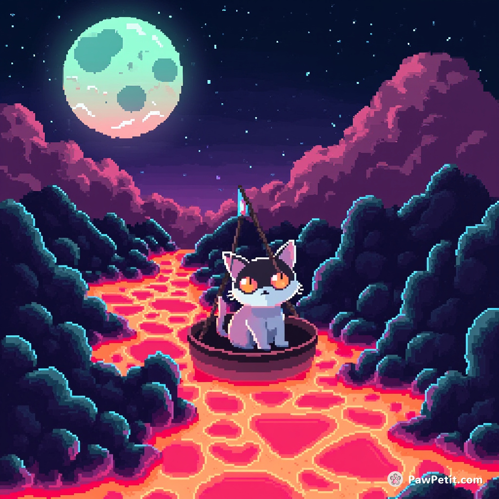 A three-eyed cat sailing on a river of neon lava under a translucent moon.