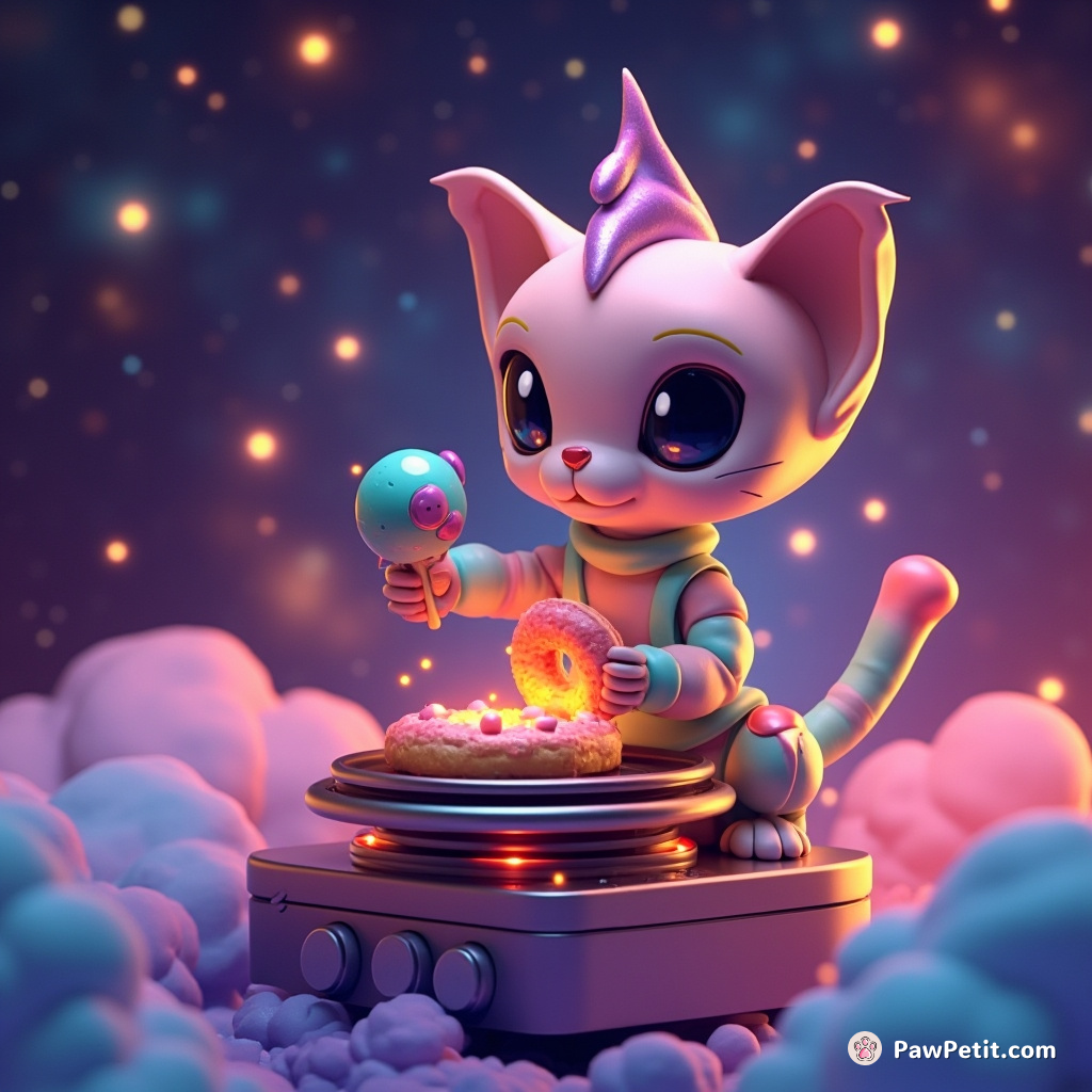 Alien cat baking cosmic doughnuts on a nebula stove amidst glowing star clusters.
