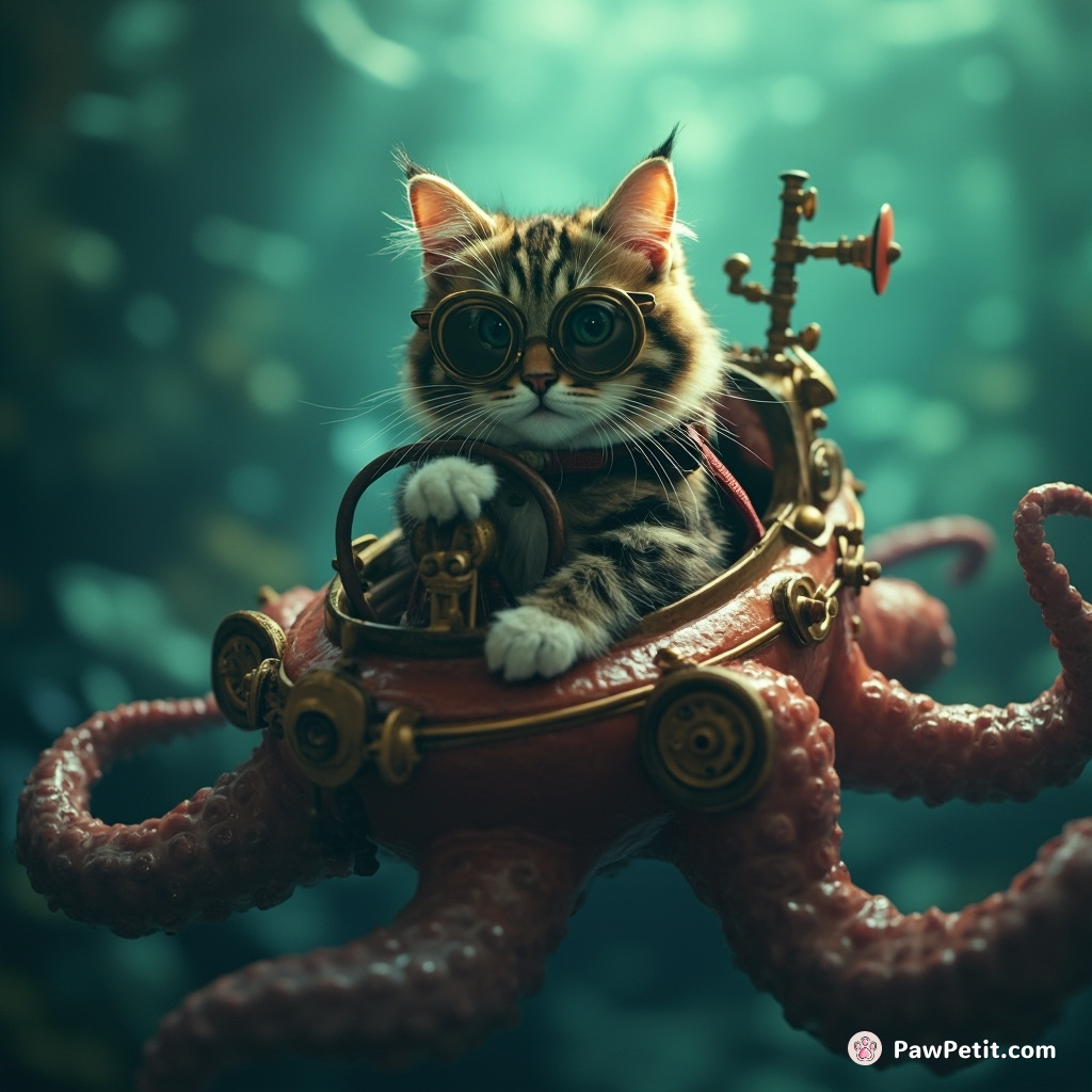 Steampunk cat piloting an octopus-shaped submarine in a Jules Verne-inspired ocean.