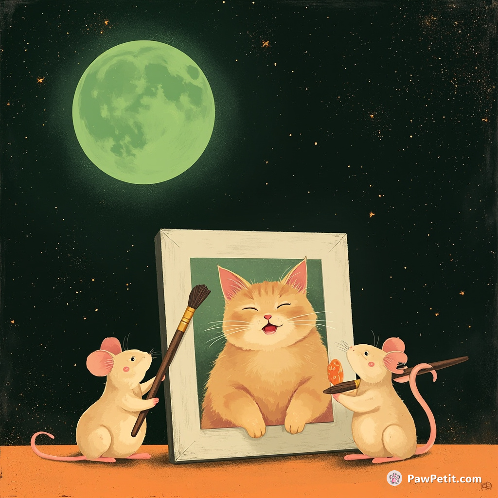 A chubby cat joyfully painting a portrait of Martian mice under an emerald moon with a brush made from tangerine-tinted cosmic Dust.