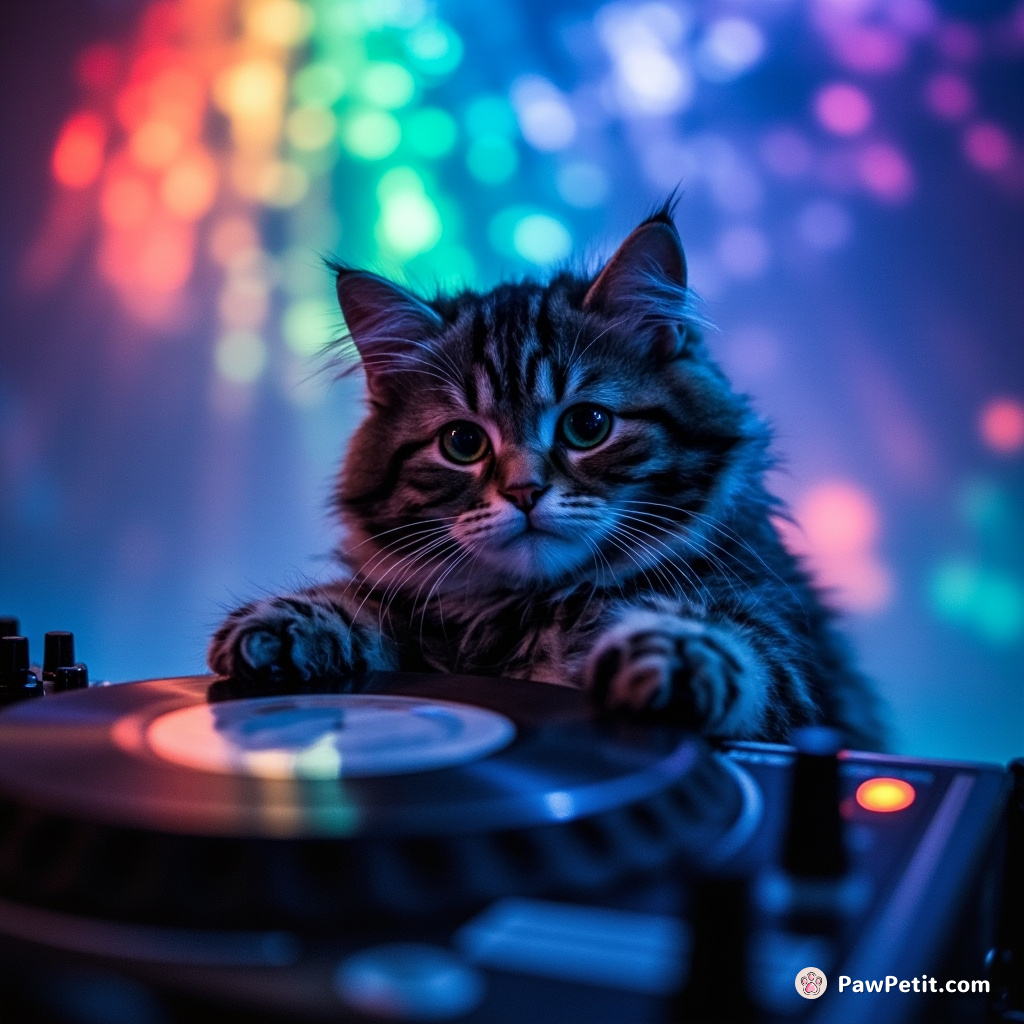 Cat DJ mixing a moon cheese record under disco rainbows in an underwater night club.