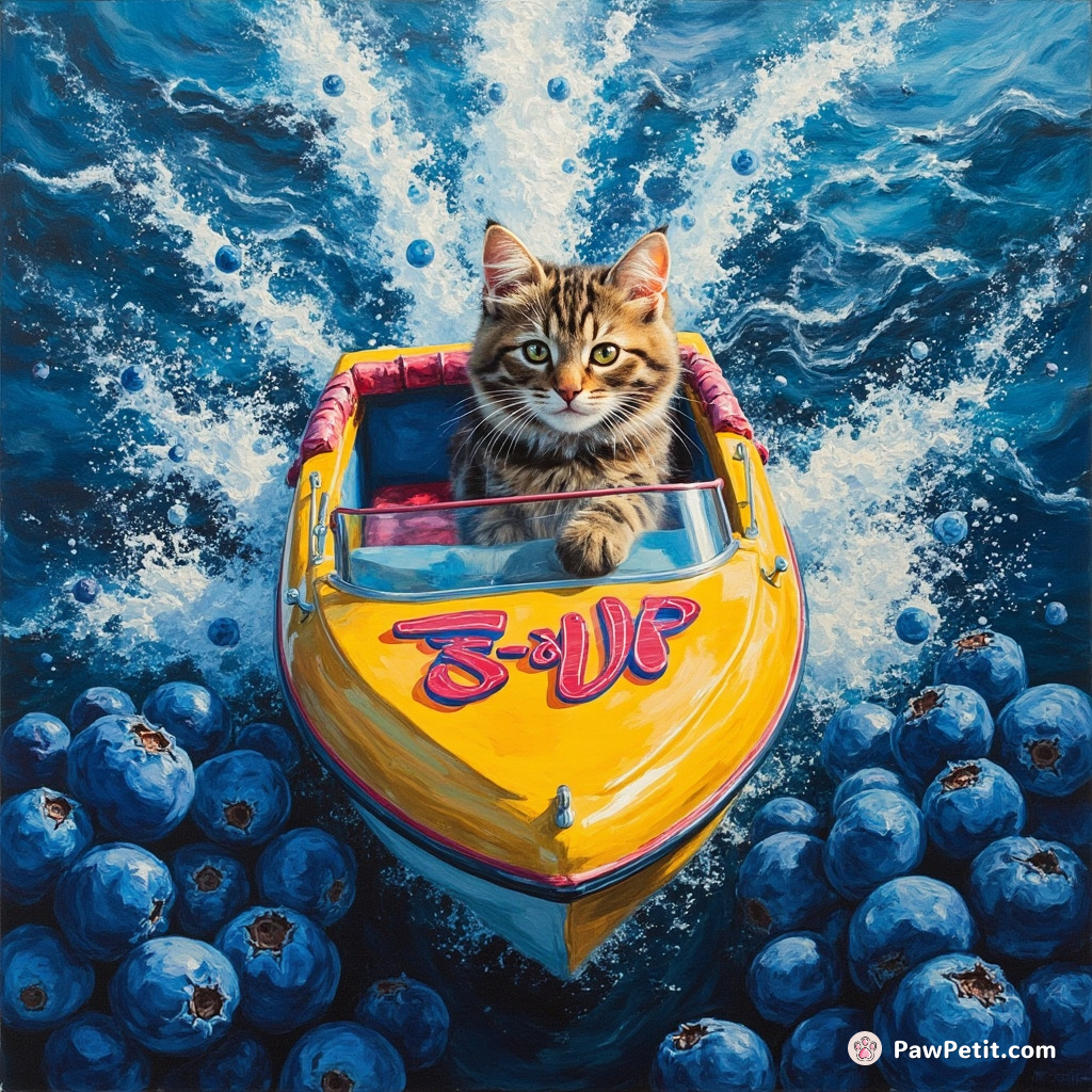 A rambunctious cat driving a neon-colored speedboat through an ocean of blueberries.