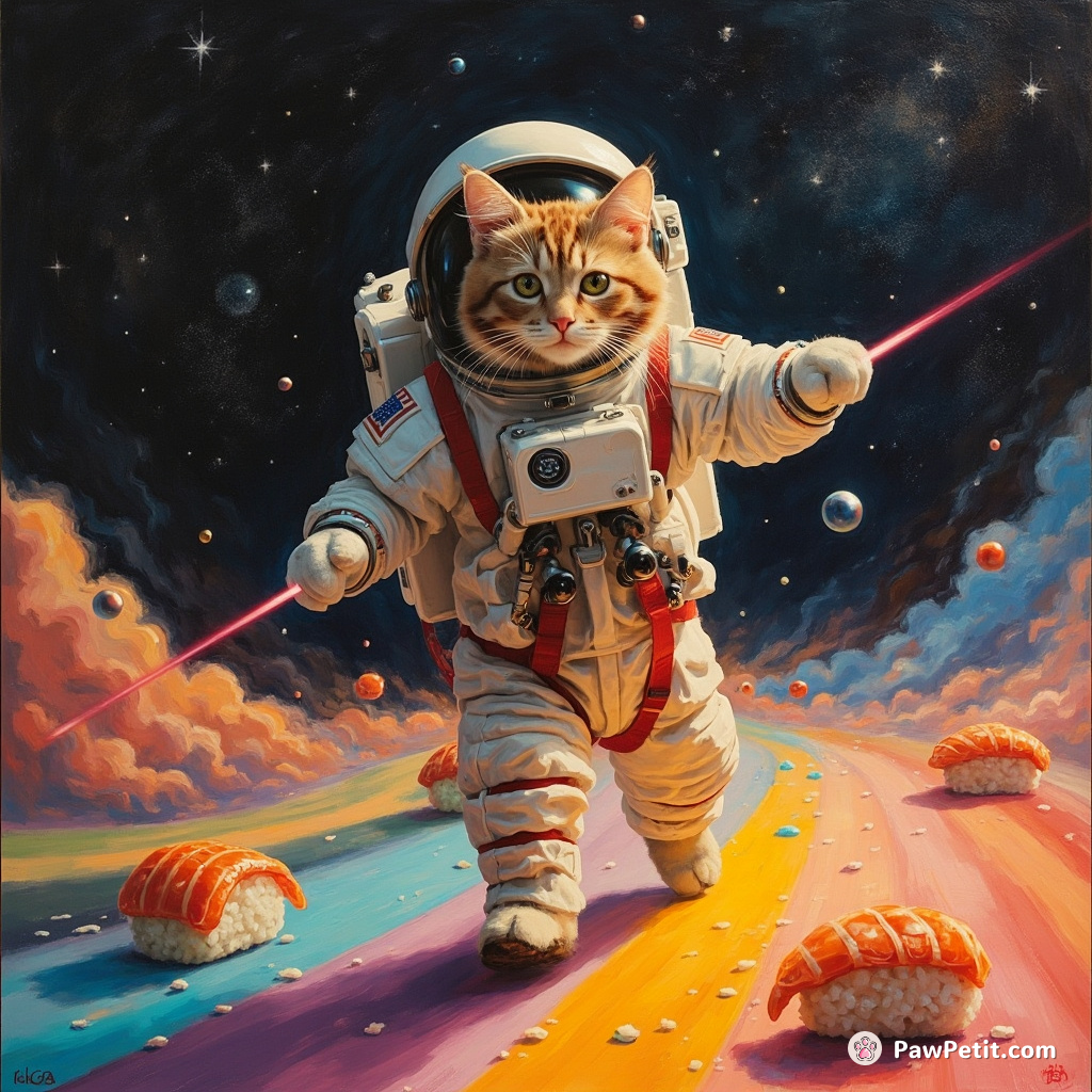 A ginger tabby cat, decked out in laser-beaming astronaut gear, moonwalking across a rainbow surface with sentient singing sushi cheering it on.