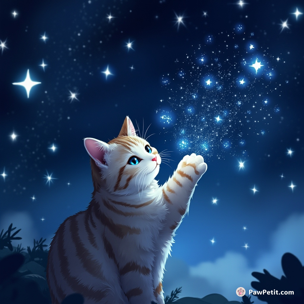 In a digital realm, a feline conjures constellations by pawing at shimmering, pixelated stars.