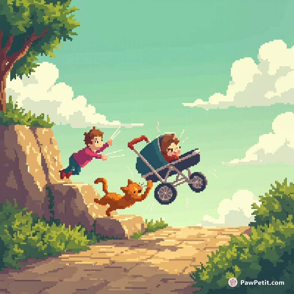 A cat inadvertently saves a child by pouncing on a runaway stroller, halting its perilous descent down a hill.