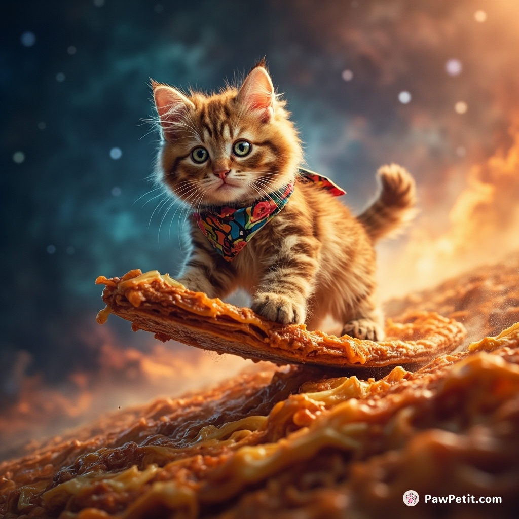 Cat surfing on a cosmic wave of lasagna in an otherworldly nebula.